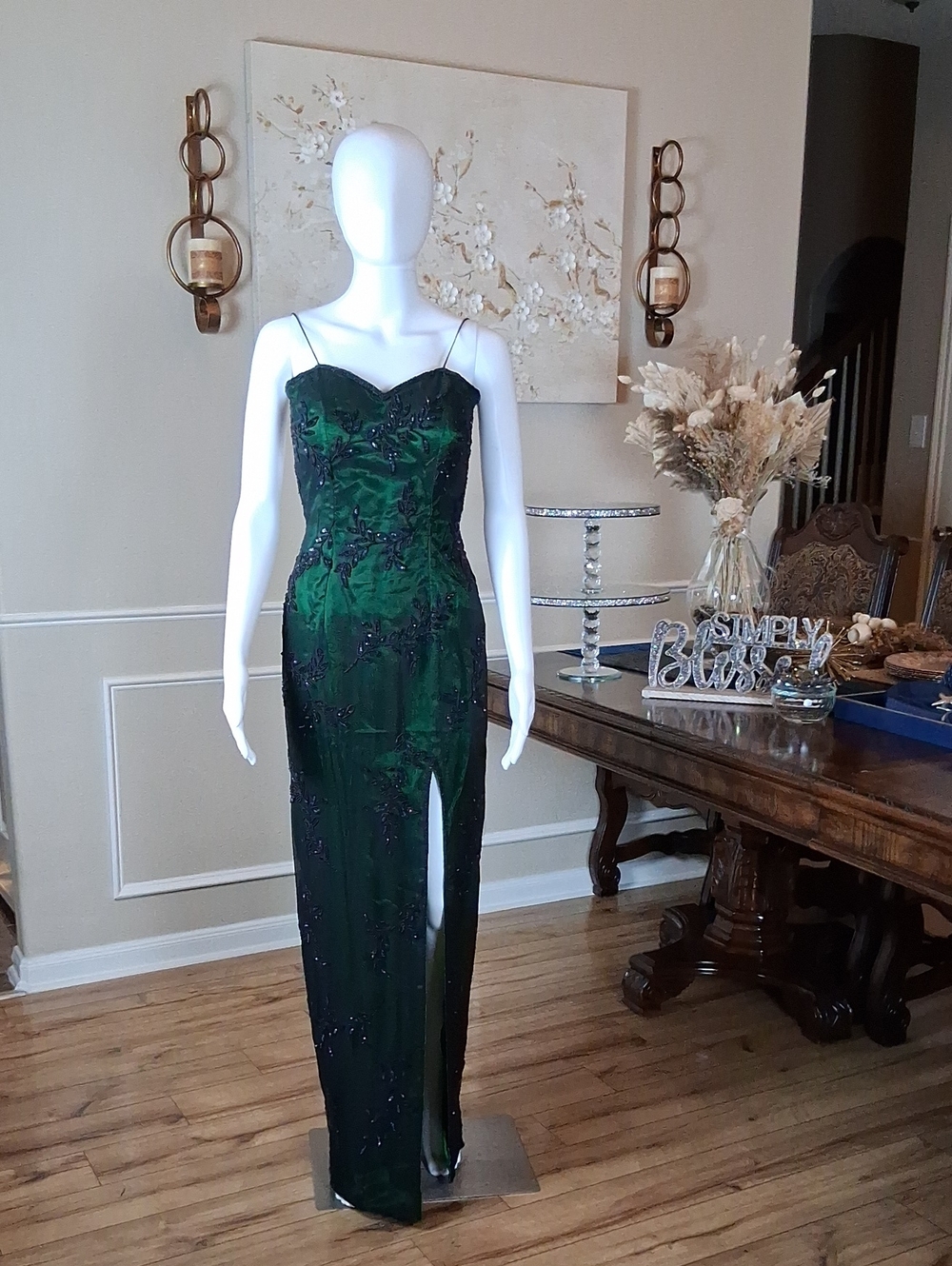 Women's Emerald Green Beaded Spaghetti-Strap Floor Length Evening Gown Size S - Picture 13 of 16